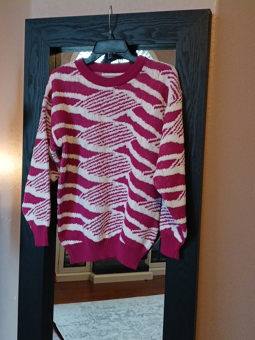 VTG 80s Adam French Sweater Magenta Waves Graphic Pattern Size M